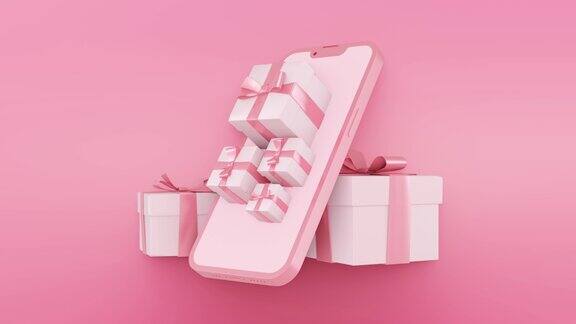 手机和礼物的循环动画3d渲染粉色背景-斯托克视频