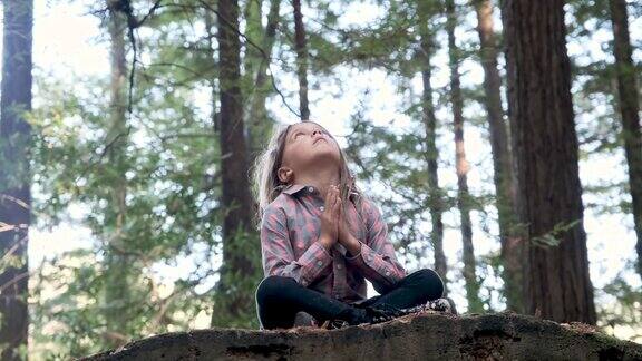 严肃的思考小女孩在树林里祈祷