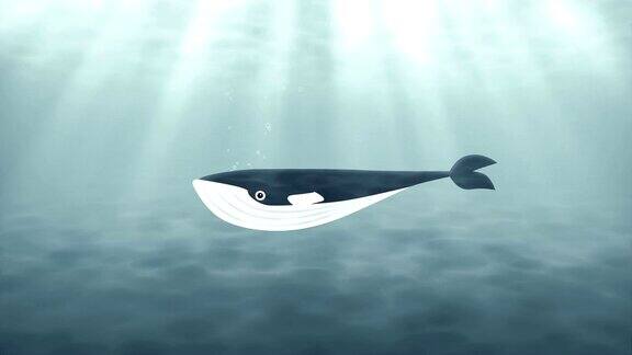 卡通蓝鲸在水下游泳
