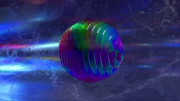 抽象一个由金属圆盘组成的球体在波浪状运动中改变颜色蓝色霓虹灯彩虹分离