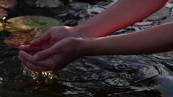 慢镜头女人的手从池塘里抓水