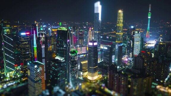夜景时间照亮广州市区著名建筑空中倾斜移位全景4k时间间隔中国
