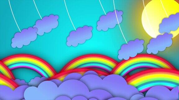 卡通彩虹云太阳和星星的背景动画与复古效果彩色彩虹2d卡通动画与太阳效果儿童彩虹云背景云移动在天空和