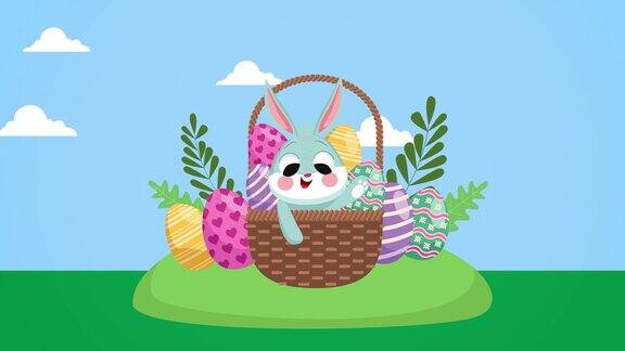 复活节快乐可爱的兔子和篮子里的鸡蛋