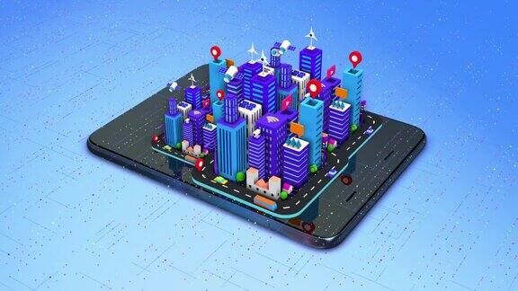 卡通立体立体智慧城市概念智能平板电脑的未来生活