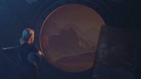 女宇航员望着火星基地的窗户