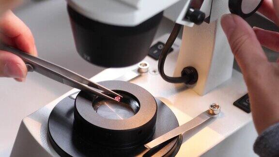 珠宝设计师通过显微镜评定宝石的质量