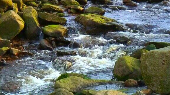 河流穿过长满苔藓的岩石
