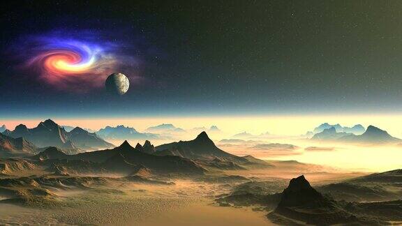 外星球上空的星云和月亮