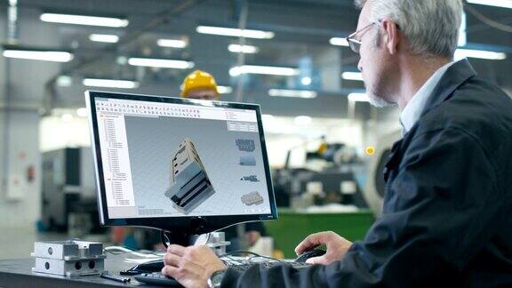 总工程师使用个人计算机CAD设计机械零件他在大工厂工作