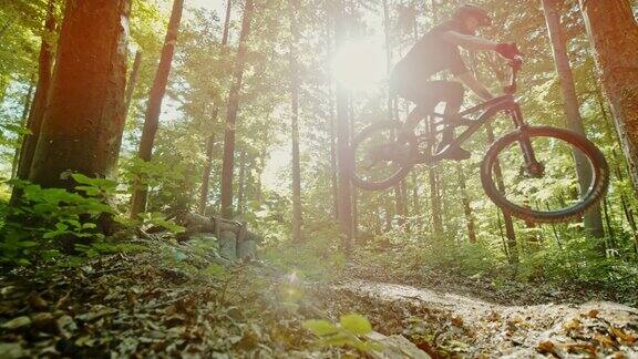 超级慢动作时间扭曲效果MTB摩托车手跳过一个木斜坡在阳光灿烂的森林