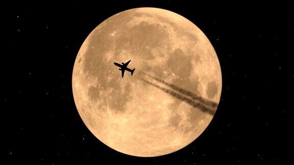 在月球背景下飞行的飞机
