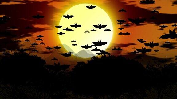 蝙蝠在月亮和天空的夜晚飞行万圣节之夜黑色蝙蝠在天空中飞翔剪影蝙蝠在万圣节派对之夜飞翔黑暗中许多飞行蝙蝠的循环动画