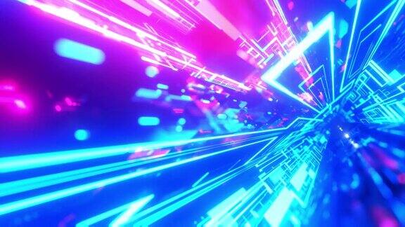 霓虹灯科幻建筑神秘的3d物体和全息图通过高科技隧道与相机震动飞行穿越科技网络空间3d几乎循环了4kbg