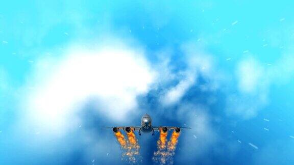 飞机穿过云层引擎着火盘旋