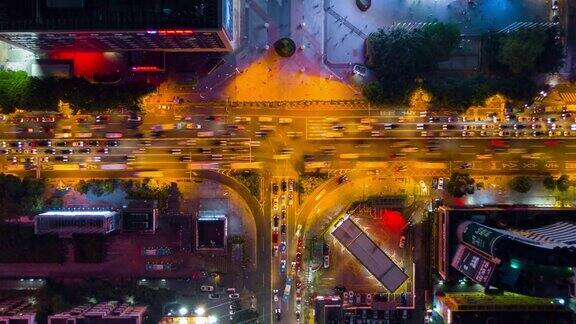 中国夜间照明深圳市区交通街道十字路口俯视图4k时间间隔