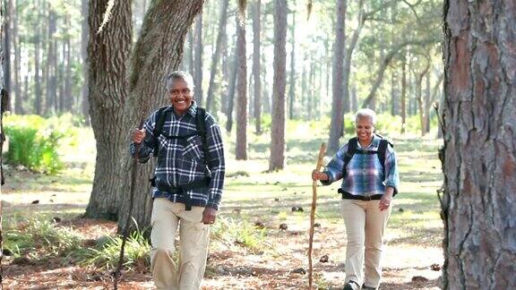 老非裔美国人夫妇在树林里徒步旅行