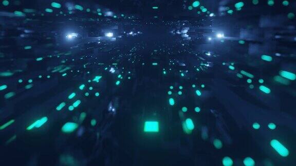 在霓虹灯的照耀下飞越科技网络空间科幻飞行穿越高科技隧道全息图和霓虹灯金属块在空中3d循环无缝4k明亮的背景数据流