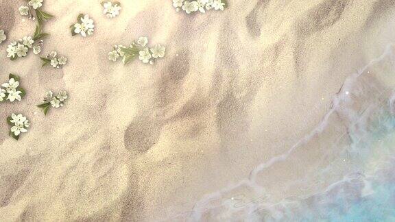 夏日的花在沙滩上伴着海浪