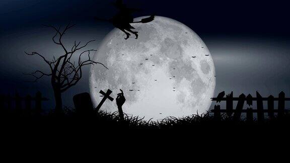万圣节动画女巫和蝙蝠飞在墓地上