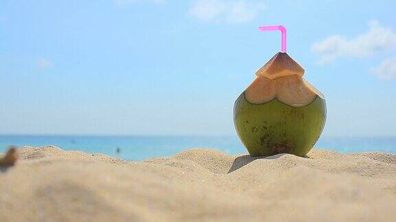 沙滩上用吸管喝椰子汁