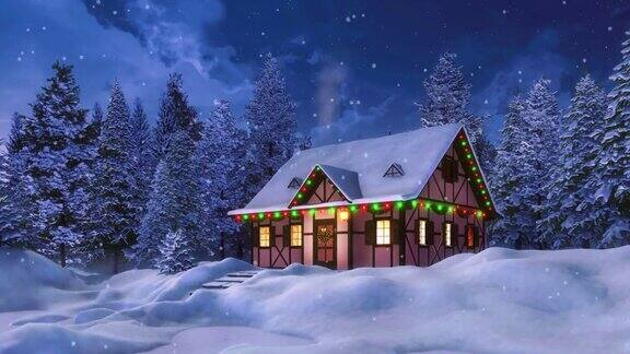 乡村房子装饰圣诞节下雪冬夜3D动画