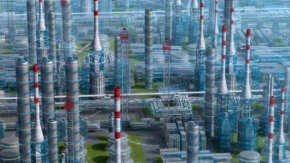 石油和天然气炼制工厂工厂用化学式设计轨道视图工业石油区钢管和储油罐无人机飞越植物上空射击生成的3d图像背景