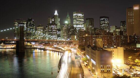 纽约和布鲁克林大桥-夜间交通-时间流逝