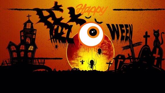 万圣节快乐动画蝙蝠墓地和眼睛的橙色背景