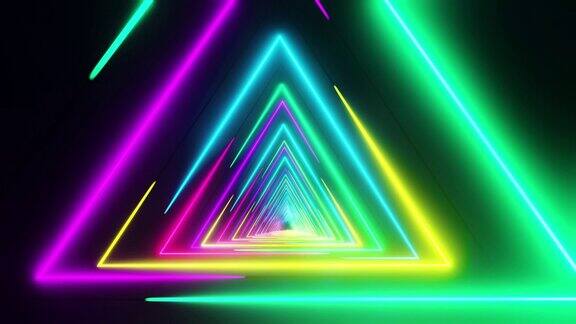 在用光绘成的五彩三角形中飞行无限循环的动画