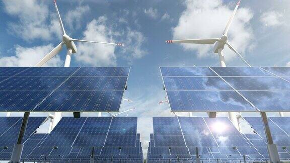 动画与太阳能电池板电池和旋转风力涡轮机的生态能源农场