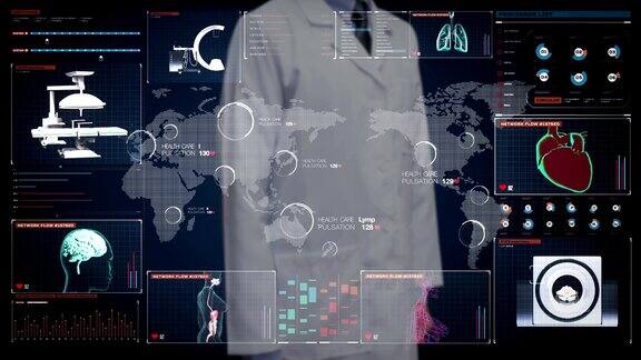 医生触摸数字屏幕世界医疗保健服务远程诊断和治疗远程医疗数字显示