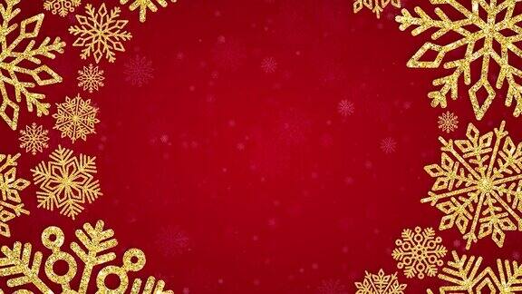 圣诞背景与圆形框架与金色雪花在红色的背景