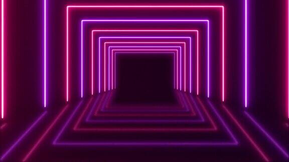 矩形霓虹灯或方形霓虹灯粉色和紫色的方形霓虹灯霓虹灯广场与地板反射虚拟现实