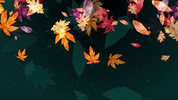 秋天的背景画了秋天的黄叶和红叶旋转和落下绿色圆形抽象背景