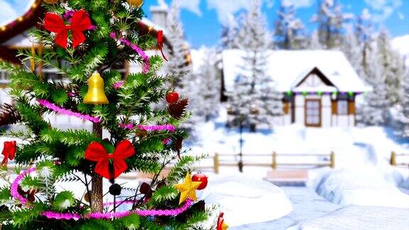 装饰圣诞树在霜冻的冬天的一天特写