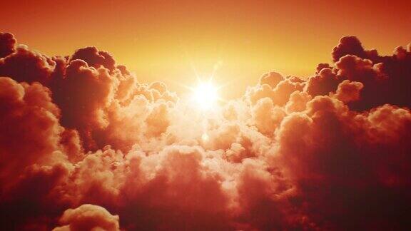 美丽的日落在天空飞越无限的云与傍晚(早晨)太阳灿烂明亮无缝循环3d动画日落(日出)在地平线上