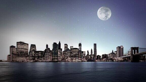 夜晚的背景与城市和月亮的剪影