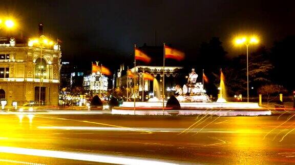 马德里Cibeles喷泉马德里的夜间交通时间流逝