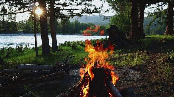 山间河流旁的篝火在森林里的河边露营野外探险假期