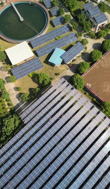 污水处理厂太阳能电池板的鸟瞰图