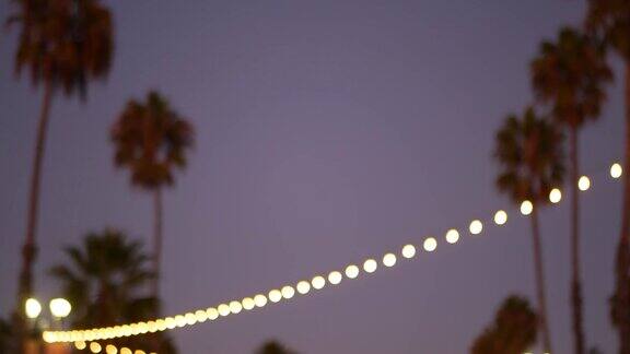 装饰夺目的花环灯棕榈树的剪影傍晚的天空模糊的背景在加利福尼亚用灯装饰的街道节日灯饰海滩派对热带度假概念