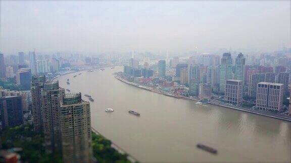 白天上海滨江城市景观浦东湾航拍全景4k倾斜转移中国