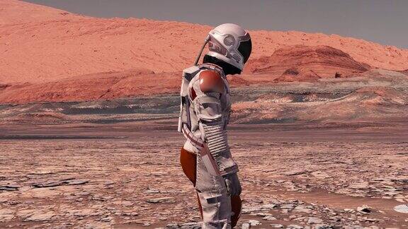 在火星上的殖民地宇航员在火星表面行走火星探索任务未来主义殖民和空间探索概念