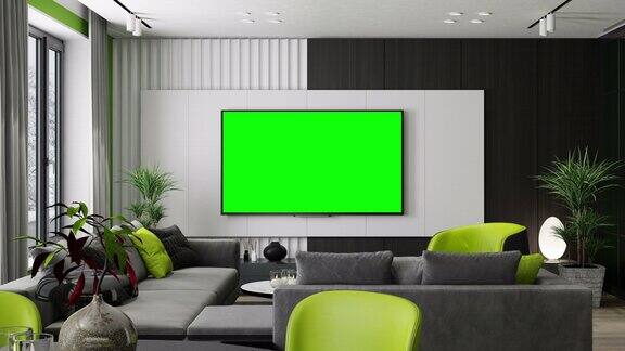 4k电视屏幕与色度键绿色现代极简主义公寓内部客厅厨房和餐厅冬天的场景