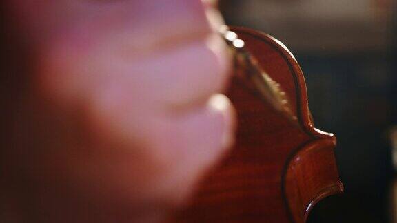 慢镜头宏观的专业工匠制琴师画一个手工小提琴在一个车间