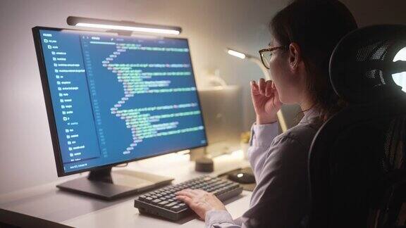 开发人员程序员在晚上工作在计算机代码