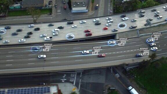 无人驾驶或自动驾驶汽车鸟瞰图经过高速公路的车辆车牌号每小时行驶英里数和假身份证号码显示未来的交通工具人工智能自动驾驶仪