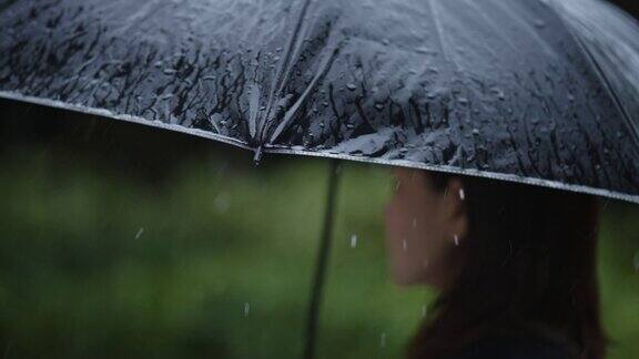亚洲女商人在雨中打着伞慢动作