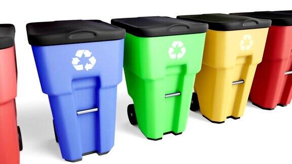 蓝色、绿色、黄色、红色的塑料垃圾桶排成一排